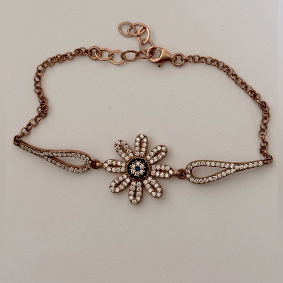 925 Silver bracelet flower evileye cz stones 14k rose gold plated